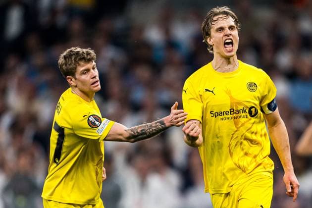 250501 Ulrik Saltnes of Bodo Glimt celebrates after scoring the 3 1 goal during the UEFA Europa League semi final football match between Tottenham and Bodo Glimt on May 1, 2025 in London Photo Marius Simensen BILDBYRAN COP 238 MM0042 bbeng bodo glimt football fotball fotboll jubel semi final semifinale soccer spurs tottenham tottenham hotspur fc uefa europa league  Copyright: MARIUSxSIMENSEN BB250501BB982