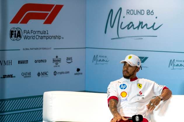 British Formula One driver Lewis Hamilton of Scuderia Ferrari is seen at a press conference, PK, Pressekonferenz during the Formula One Miami Grand Prix at the Miami International Autodrome in Miami Gardens, Florida on Thursday, May 1, 2025.  MIA2025050125 GREGxNASH