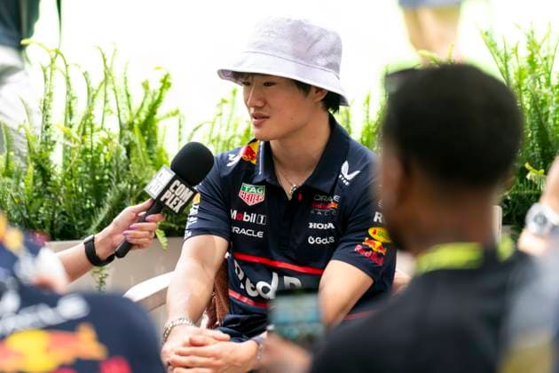 Japanese Formula One driver Yuki Tsunoda of Red Bull Racing is interviewed in the paddock by Complex during the Formula One Miami Grand Prix at the Miami International Autodrome in Miami Gardens, Florida on Thursday, May 1, 2025.  MIA2025050102 GREGxNASH