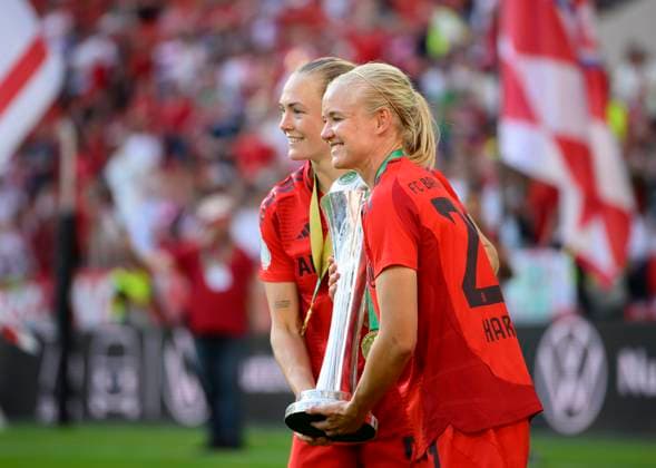 v l Magdalena ERIKSSON M , Pernille HARDER M with the cup DFB Pokal Final Women 2025, FC Bayern Muenchen M SV Werder Bremen HB 4 2, on 01 05 2025 in Koeln Germany DFB regulations prohibit any use of photographs as image sequences and or quasi video Â