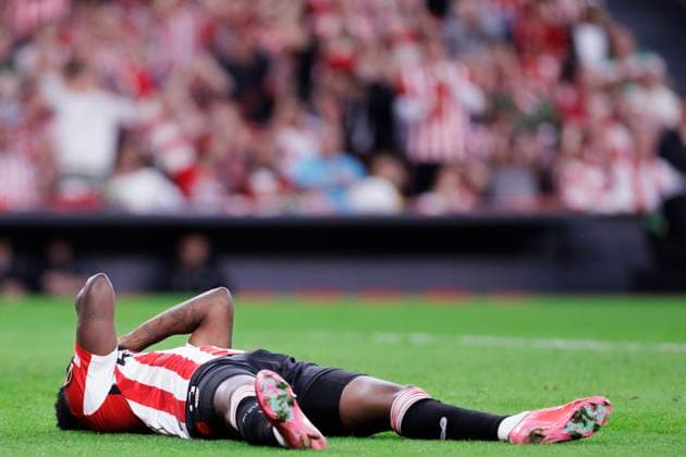 UEFA Europa league -Athletic Club vs Manchester United, ManU BILBAO, SPAIN - May 1: Inaki Williams of Athletic Club de Bilbao reacts to a missed opportunity during the UEFA Europa League 2024 25 semifinal first Leg match between Athletic Club and Manchester United at San Mames Stadium. (Photo by G.M.) Bilbao San Mames Stadium Spain Copyright: xGuillermoxMartinezx