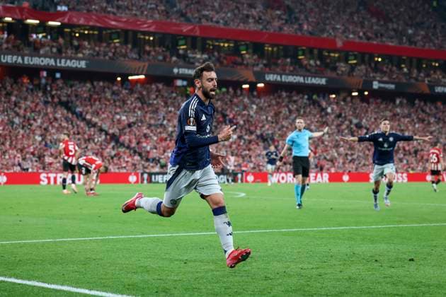 Athletic Club Bilbao v Manchester United, ManU FC, Manchester United midfielder Bruno Fernandes (8) scores a GOAL 0-3 and celebrates during the Athletic Club Bilbao v Manchester United FC UEFA Europa League Cup Semi-Final 1st Leg match at the Estadio de San MamÃ s, Bilbao, Spain on 1 May 2025 Credit: Phil Duncan Every Second Media Editorial use only. All images are copyright Every Second Media Limited. No images may be reproduced without prior permission. Copyright: xIMAGO EveryxSecondxMediax ESM-1453-0036 PhilxDuncanx xEveryxSecondxMediax
