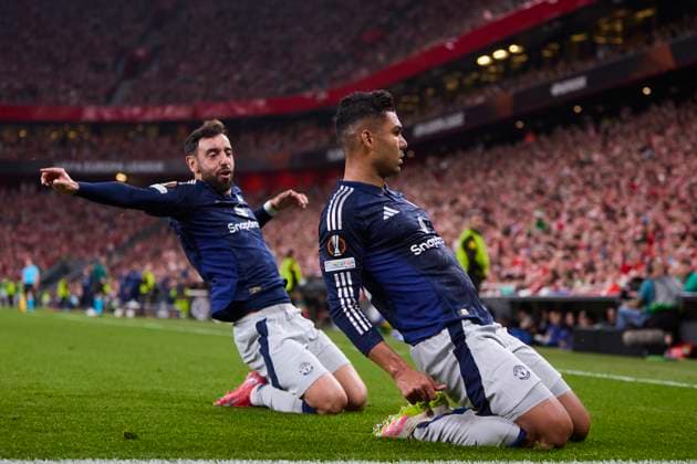 Athletic Club v Manchester United, ManU - UEFA Europa League 2024 25 Semi Final First Leg Carlos Henrique Francisco Casemiro of Manchester United celebrates after scoring the team s first goal during the UEFA Europa League 2024 25 Semi Final First Leg match between Athletic Club and Manchester United at San Mames on May 1, 2025, in Bilbao, Spain. Bilbao San Mames Basque Country Spain RL_ATHvMUTD_EL_000058 Copyright: xRicardoxLarreinax