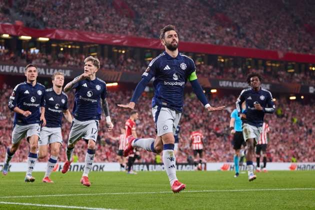 Athletic Club v Manchester United, ManU - UEFA Europa League 2024 25 Semi Final First Leg Bruno Fernandes of Manchester United celebrates after scoring goal during the UEFA Europa League 2024 25 Semi Final First Leg match between Athletic Club and Manchester United at San Mames on May 1, 2025, in Bilbao, Spain. Bilbao San Mames Basque Country Spain RL_ATHvMUTD_EL_000082 Copyright: xRicardoxLarreinax