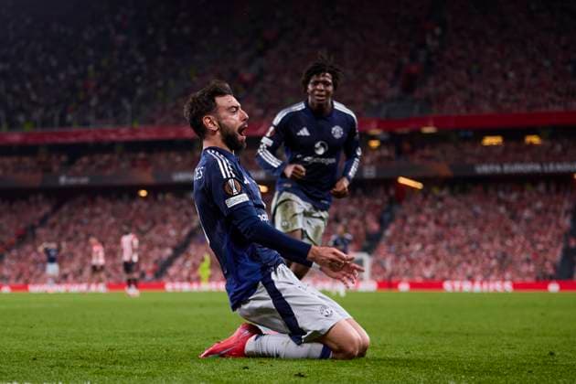 Athletic Club v Manchester United, ManU - UEFA Europa League 2024 25 Semi Final First Leg Bruno Fernandes of Manchester United celebrates after scoring goal during the UEFA Europa League 2024 25 Semi Final First Leg match between Athletic Club and Manchester United at San Mames on May 1, 2025, in Bilbao, Spain. Bilbao San Mames Basque Country Spain RL_ATHvMUTD_EL_000101 Copyright: xRicardoxLarreinax