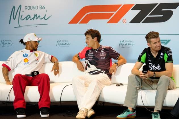 Lewis Hamilton (GBR), Ferarri, 44, George Russell (GBR), Mercedes, 63 and Nico Hulkenberg (GER), Kick Sauber, 27, press conference, PK, Pressekonferenz Copyright: xScottxColeman IPAxSportx xipa-agency.netx xx IPA_57148943 IPA_Agency_IPA57148943