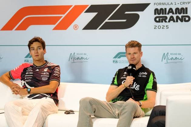 MOTORI - Formula 1 - Crypto.com Miami Grand Prix 2025 - press conference, PK, Pressekonferenz George Russell (GBR), Mercedes, 63 and Nico Hulkenberg (GER), Kick Sauber, 27, press conference Miami  Copyright: xIPAxSport ABACAx