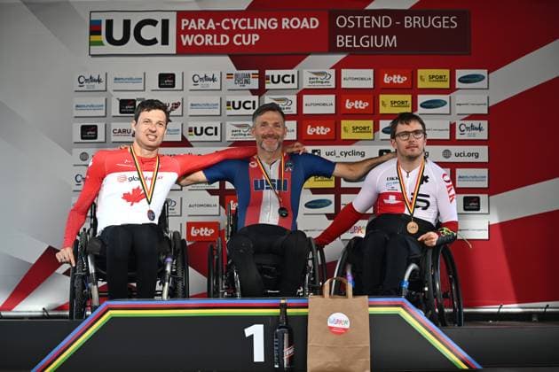 Picture show the podium of the MH1 category after the time trials at the UCI Para-Cycling Road World Cup event, Thursday 01 May 2025, in Oostende. The UCI Para-Cycling Road World Cup takes place from 01 to 04 May in Oostende and Brugge. LUCxCLAESSEN  x122410191x