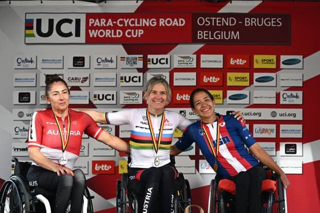 Picture show the podium of the WH4 category after the time trials at the UCI Para-Cycling Road World Cup event, Thursday 01 May 2025, in Oostende. The UCI Para-Cycling Road World Cup takes place from 01 to 04 May in Oostende and Brugge. LUCxCLAESSEN  x122410197x