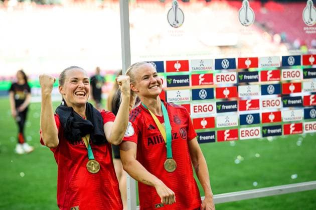 COLOGNE, GERMANY - 1 MAY, 2025: Magdalena Eriksson, Pernille Harder - The DFB-Pokal Frauen (Germany Women Cup) match FC Bayern Munich vs SV Werder Bremen at Rhein Energie Stadion.  Copyright: xx