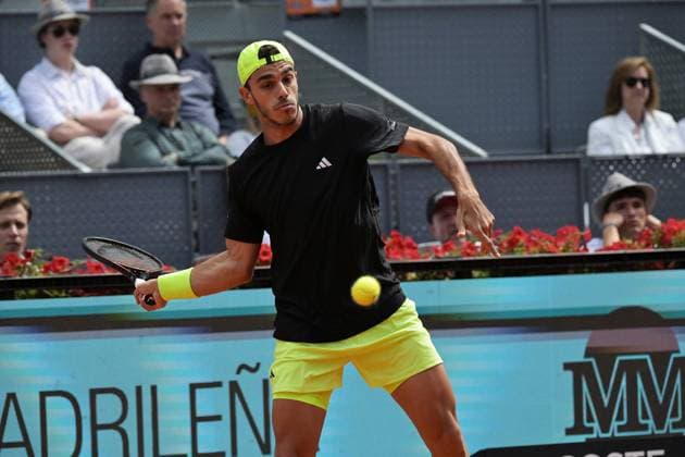 May 2, 2025, Madrid, Madrid, Spain: FRANCISCO CERoÅ¡NDOLO of Argentina in action during his Men s Singles Semi-Final match against CASPER RUUD of Norway on Day Eleven of the Mutua Madrid Open at La Caja MagicaÃ‚ Madrid Spain - ZUMAd308 20250502_zsp_d308_002 Copyright: xJuanxCarlosxLucasx