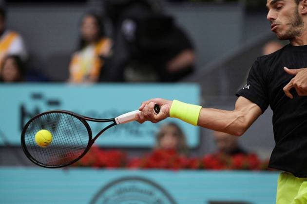 May 2, 2025, Madrid, Madrid, Spain: FRANCISCO CERoÅ¡NDOLO of Argentina in action during his Men s Singles Semi-Final match against CASPER RUUD of Norway on Day Eleven of the Mutua Madrid Open at La Caja MagicaÃ‚ Madrid Spain - ZUMAd308 20250502_zsp_d308_007 Copyright: xJuanxCarlosxLucasx
