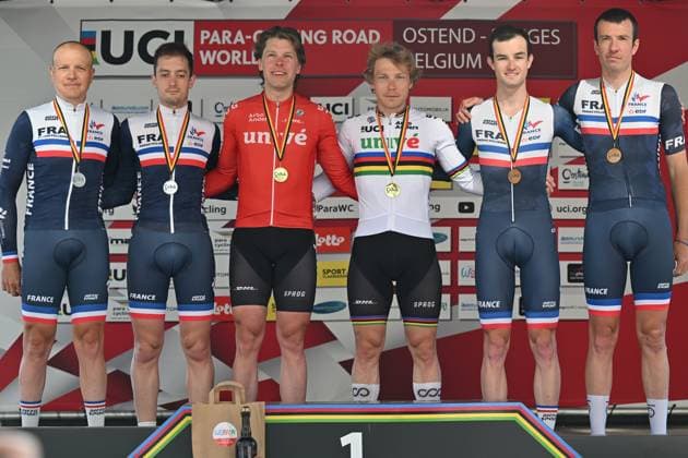 Picture shows the MB podium after the time trials at the UCI Para-Cycling Road World Cup event, Friday 02 May 2025, in Oostende. The UCI Para-Cycling Road World Cup takes place from 01 to 04 May in Oostende and Brugge. LUCxCLAESSEN  x122439915x