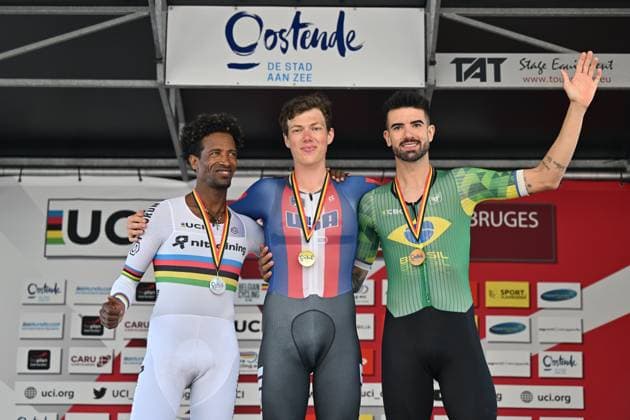 Picture shows the MC5 podium after the time trials at the UCI Para-Cycling Road World Cup event, Friday 02 May 2025, in Oostende. The UCI Para-Cycling Road World Cup takes place from 01 to 04 May in Oostende and Brugge. LUCxCLAESSEN  x122439919x