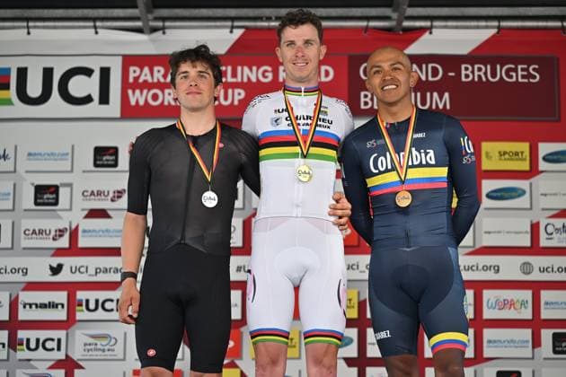 Unidentified podium pictured at the time trials at the UCI Para-Cycling Road World Cup event, Friday 02 May 2025, in Oostende. The UCI Para-Cycling Road World Cup takes place from 01 to 04 May in Oostende and Brugge. LUCxCLAESSEN  x122439920x