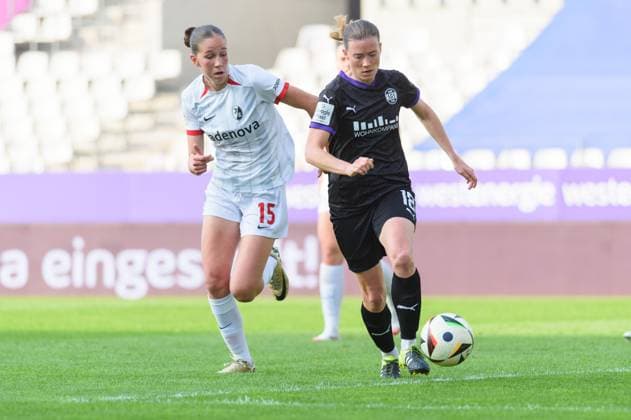 Lena Ostermeier (18 SGS Essen) and Maj Schneider (15 SC Freiburg) during the Google Pixel Frauen Bundesliga match between SGS Essen and SC Freiburg at Stadion an der Hafenstrasse, Essen, Germany. (Sven Beyrich SPP) Copyright: xSvenxBeyrich SPPx spp-en-SvBe-20250502-D4S_0677