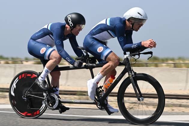 CROTEAU DAIGLE Matthieu LACHANCE Jean Michel pictured in action during the time trials at the UCI Para-Cycling Road World Cup event, Friday 02 May 2025, in Oostende. The UCI Para-Cycling Road World Cup takes place from 01 to 04 May in Oostende and Brugge. LUCxCLAESSEN  x122468347x