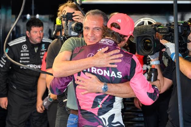 2nd May 2025; Miami International Autodrome, Miami, Florida, USA; Formula 1 Crypto.com Miami Grand Prix 2025; Free Practice Day; Mercedes-AMG PETRONAS driver Kimi Antonelli of Italy celebrates winning the pole position during the Sprint Qualifying session with his father Marco Antonelli.  ActionPlus12780968 DouglasxMurray