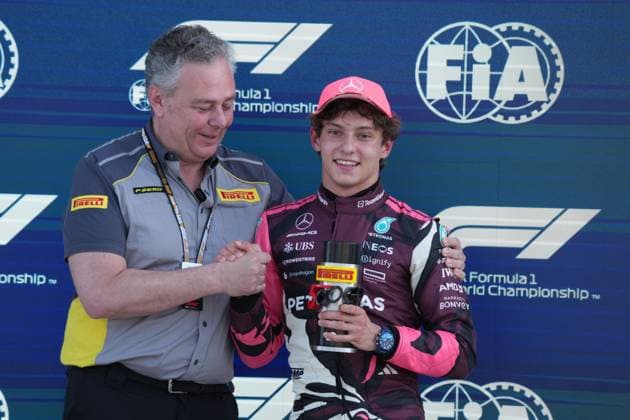 02 05 2025, Miami International Autodrome, Miami, Formula 1 Crypto com Miami Grand Prix 2025 ,pictured Andrea Kimi Antonelli ITA , Mercedes AMG Petronas Formula One Team receives the trophy for pole position from Pirelli Motorsport boss Mario Isola Photo by Hasan Bratic DeFodi Images