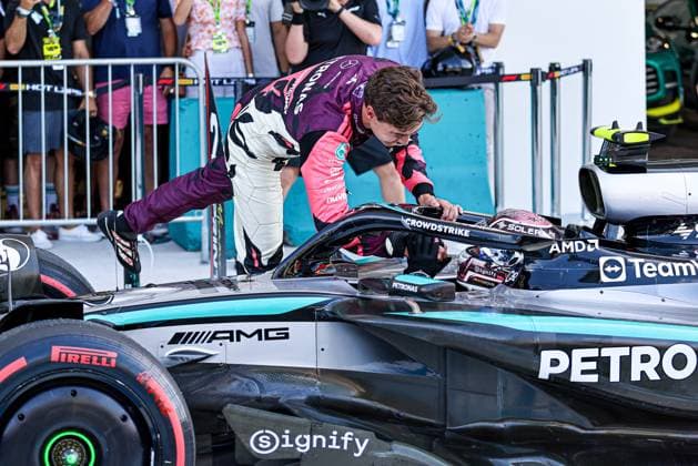 Andrea Kimi Antonelli (ITA) - Mercedes-AMG PETRONAS F1 Team - Mercedes W16 - Mercedes E Performance Celebrating Pole Position in Sprint Race during Formula 1 Crypto.com Miami Grand Prix 2025 at Miami International Autodrome in Florida, USA, on May 1st-4th. Alessio De Marco Avens-Images.com  Copyright: xAlessioxDexMarco IPAxSportx xipa-agency.netx xx IPA_57182950 IPA_Agency_IPA57182950