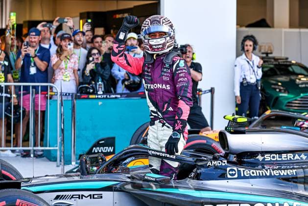 May 2, 2025, Miami, Florida, USA: Andrea Kimi Antonelli (ITA) - Mercedes-AMG PETRONAS F1 Team - Mercedes W16 - Mercedes E Performance Celebrating Pole Position in Sprint Race.during Formula 1 Crypto.com Miami Grand Prix 2025 at Miami International Autodrome in Florida, USA, on May 1st-4th. Avens-Images.com Miami USA - ZUMAm217 20250502_zsp_m217_383 Copyright: xAlessioxDexMarcox