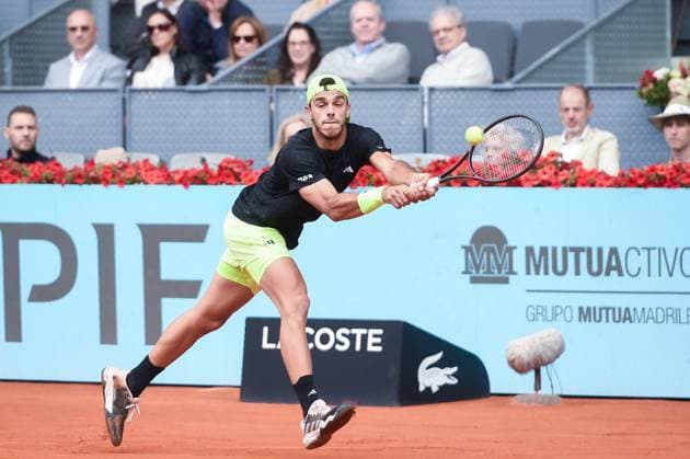 (250503) -- MADRID, May 3, 2025 -- Francisco Cerundolo competes during the men s singles semifinal between Casper Ruud of Norway and Francisco Cerundolo of Argentina at the Madrid Open tennis tournament in Caja Magica, Madrid, Spain, May 2, 2025. (Photo by Xinhua) (SP)SPAIN-MADRID-TENNIS-MADRID OPEN-MEN S SINGLES-SEMIFINAL GustavoxValiente 