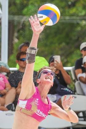 (250503) -- LAGUNA PROVINCE, May 3, 2025 -- Annemieke Driessen of the Netherlands competes during the women s pool A match between Khylem Harl Progella Sofiah Shanine Pagara of the Philippines and Annemieke Driessen Danieke Prins of the Netherlands at the Volleyball World Beach Pro Tour Futures in Laguna Province, the Philippines, May 3, 2025. ) (SP)PHILIPPINES-LAGUNA PROVINCE Beach volleyball, Beachvolleyball WORLD BEACH PRO TOUR FUTURES ROUELLExUMALI 