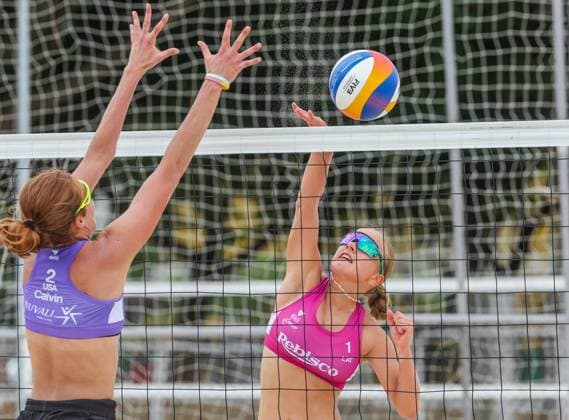 (250503) -- LAGUNA PROVINCE, May 3, 2025 -- Monika Mamaja (R) of Latvia competes during the women s round of 12 match between Melissa Powell Lindsey Calvin of the United States and Monika Mamaja Alise Aleksane of Latvia at the Volleyball World Beach Pro Tour Futures in Laguna Province, the Philippines, May 3, 2025. ) (SP)PHILIPPINES-LAGUNA PROVINCE Beach volleyball, Beachvolleyball WORLD BEACH PRO TOUR FUTURES RouellexUmali 