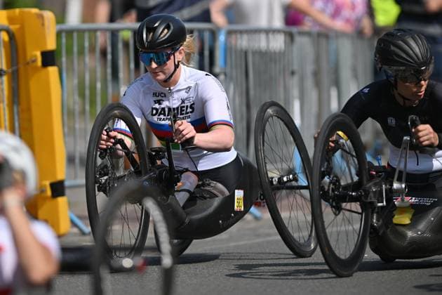 WH5 Netherlands Chantal Haenen pictured in action and during during the road races at the UCI Para-Cycling Road World Cup event, Saturday 03 May 2025, in Brugge. The UCI Para-Cycling Road World Cup takes place from 01 to 04 May in Oostende and Brugge. LUCxCLAESSEN  x122525812x