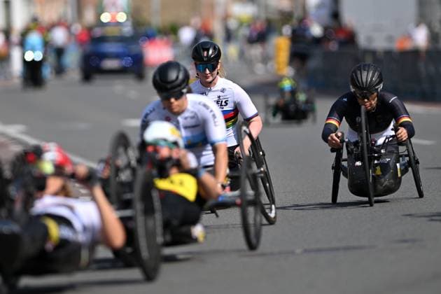 WH5 Netherlands Chantal Haenen pictured in action during the road races at the UCI Para-Cycling Road World Cup event, Saturday 03 May 2025, in Brugge. The UCI Para-Cycling Road World Cup takes place from 01 to 04 May in Oostende and Brugge. LUCxCLAESSEN  x122525952x