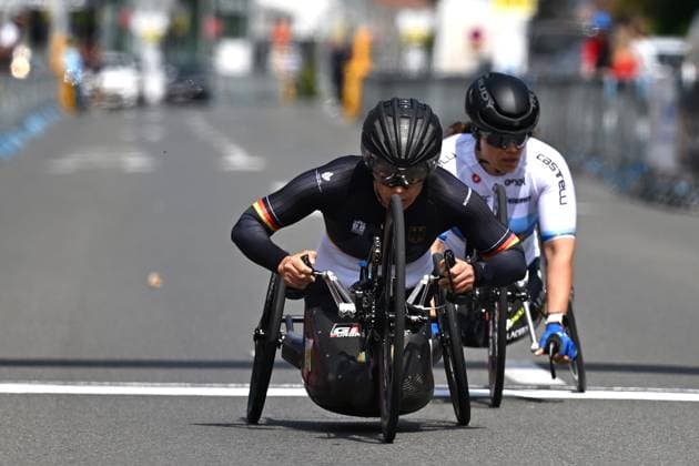 WH5 Germany s Andrea Eskau pictured as she finishes her race at the road races at the UCI Para-Cycling Road World Cup event, Saturday 03 May 2025, in Brugge. The UCI Para-Cycling Road World Cup takes place from 01 to 04 May in Oostende and Brugge. LUCxCLAESSEN  x122526016x
