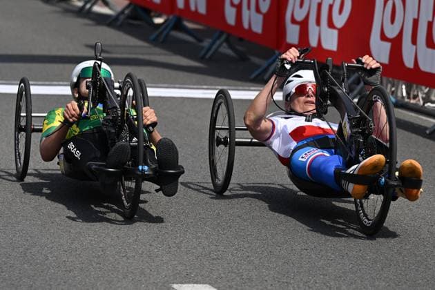 Brazilian and Czech republic rider pictured in action during the road races at the UCI Para-Cycling Road World Cup event, Saturday 03 May 2025, in Brugge. The UCI Para-Cycling Road World Cup takes place from 01 to 04 May in Oostende and Brugge. LUCxCLAESSEN  x122528916x