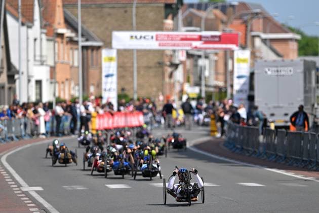 The start of the MH2 race during the road races at the UCI Para-Cycling Road World Cup event, Saturday 03 May 2025, in Brugge. The UCI Para-Cycling Road World Cup takes place from 01 to 04 May in Oostende and Brugge. LUCxCLAESSEN  x122529187x