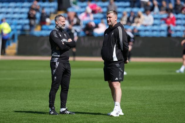 Ryan Giggs, Salford City co-owner & coach (left) with Salford City Manager Karl Robinson on the pitch at Brunton Park. Carlisle United v Salford City, EFL Sky Bet League Two, Football, Brunton Park, Carlisle, UK - 03 May 2025 EDITORIAL USE ONLY No use with unauthorised audio, video, data, fixture lists, club league logos or live services. Online in-match use limited to 120 images, no video emulation. No use in betting, games or single club league player publications. Copyright: xStuartxWallace Shutterstockx 15280182c