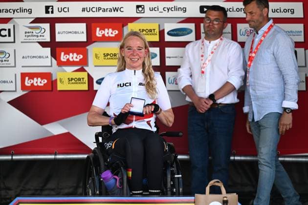 WH1 Spain s Manuela Vos van den Bouwhuijsen pictured on the podium after winning the WH1 race at the road races at the UCI Para-Cycling Road World Cup event, Saturday 03 May 2025, in Brugge. The UCI Para-Cycling Road World Cup takes place from 01 to 04 May in Oostende and Brugge. LUCxCLAESSEN  x122532464x
