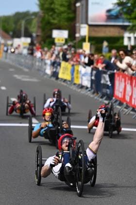 MH4 France s Joseph Fritsch pictured as he wins the MH4 race at the road races at the UCI Para-Cycling Road World Cup event, Saturday 03 May 2025, in Brugge. The UCI Para-Cycling Road World Cup takes place from 01 to 04 May in Oostende and Brugge. LUCxCLAESSEN  x122532508x