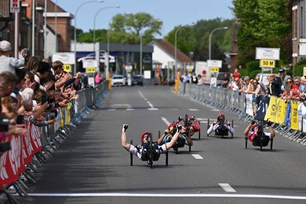 MH4 France s Joseph Fritsch pictured as he wins the MH4 race at the road races at the UCI Para-Cycling Road World Cup event, Saturday 03 May 2025, in Brugge. The UCI Para-Cycling Road World Cup takes place from 01 to 04 May in Oostende and Brugge. LUCxCLAESSEN  x122532513x