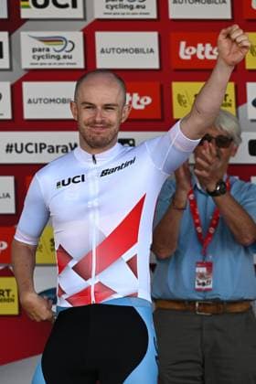MT2 Belgium s Tim Celen pictured on the podium as UCI World Cup Leader at the road races at the UCI Para-Cycling Road World Cup event, Saturday 03 May 2025, in Brugge. The UCI Para-Cycling Road World Cup takes place from 01 to 04 May in Oostende and Brugge. LUCxCLAESSEN  x122533314x