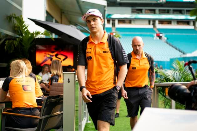 Australian Formula One driver Oscar Piastri of McLaren F1 Team arrives during the Formula One Miami Grand Prix at the Miami International Autodrome in Miami Gardens, Florida on Saturday, May 3, 2025.  MIA2025050302 GREGxNASH