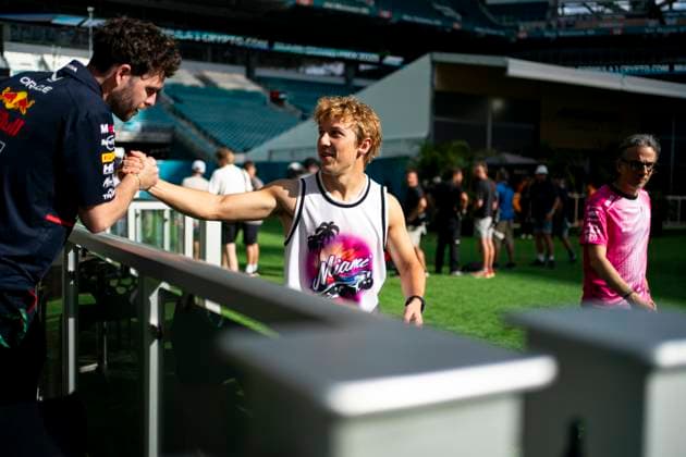 New Zealand Formula One driver Liam Lawson of RB F1 Team is seen in the paddock during the Formula One Miami Grand Prix at the Miami International Autodrome in Miami Gardens, Florida on Saturday, May 3, 2025.  MIA2025050303 GREGxNASH