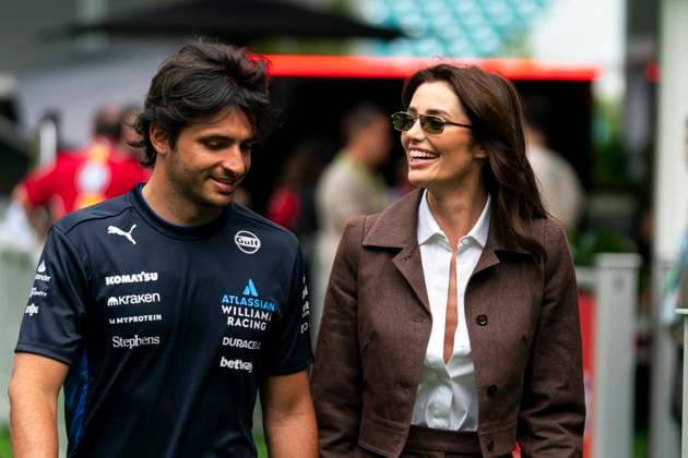 Spanish Formula One driver Carlos Sainz Jr. of Williams Racing and his girlfriend Rebecca Donaldson arrives during the Formula One Miami Grand Prix at the Miami International Autodrome in Miami Gardens, Florida on Saturday, May 3, 2025.  MIA2025050312 GREGxNASH