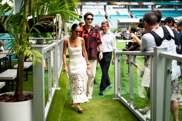 Carmen Montero Mundt and British Formula One driver George Russell of Mercedes-AMG Petronas arrive during the Formula One Miami Grand Prix at the Miami International Autodrome in Miami Gardens, Florida on Saturday, May 3, 2025.  MIA2025050315 GREGxNASH