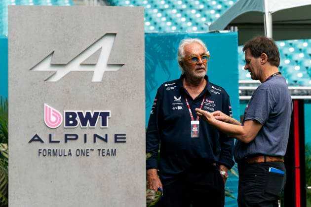 Alpine F1 team executive advisor Flavio Briatore speaks to a journalist in the paddock during the Formula One Miami Grand Prix at the Miami International Autodrome in Miami Gardens, Florida on Saturday, May 3, 2025.  MIA2025050319 GREGxNASH
