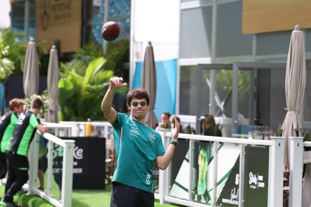 Lance Stroll Aston Martin Aramco in the paddock playing with a football, Grand Prix of Miami, Motorsport, Men, Formula 1, Sprint, 03 05 2025 Miami Florida USA Copyright: xkolbert-press ChristianxKolbertx