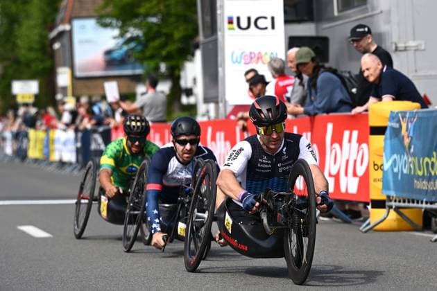 MH5 Estonia s Janno Lepik pictured in action at the road races at the UCI Para-Cycling Road World Cup event, Saturday 03 May 2025, in Brugge. The UCI Para-Cycling Road World Cup takes place from 01 to 04 May in Oostende and Brugge. LUCxCLAESSEN  x122537445x