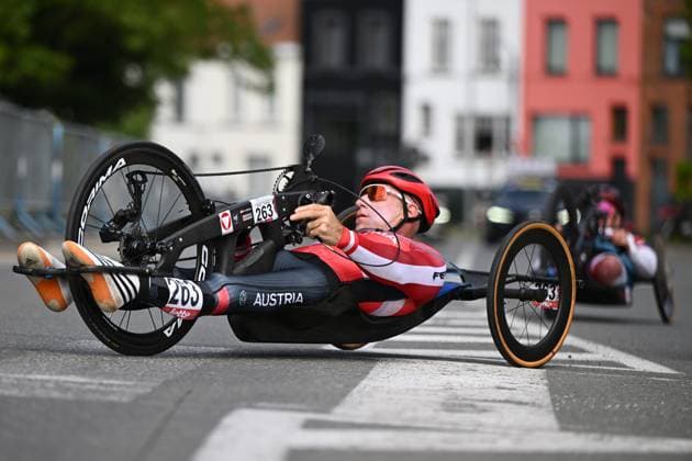 MH4 Austria s Alexander Gritsch pictured in action at the road races at the UCI Para-Cycling Road World Cup event, Saturday 03 May 2025, in Brugge. The UCI Para-Cycling Road World Cup takes place from 01 to 04 May in Oostende and Brugge. LUCxCLAESSEN  x122537533x