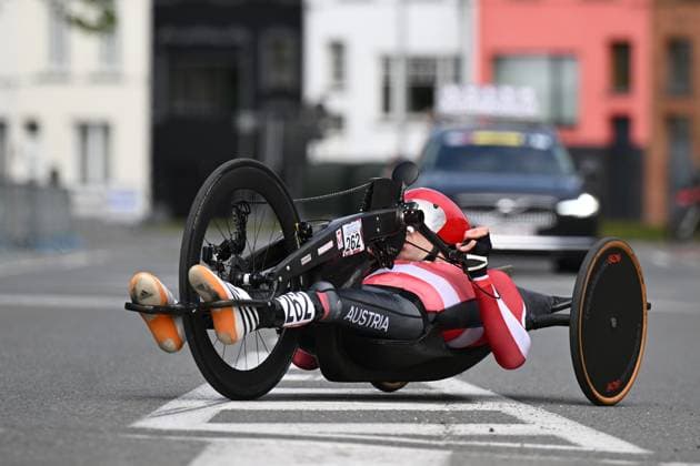 MH4 Austria s Thomas Frohwirth pictured in action at the road races at the UCI Para-Cycling Road World Cup event, Saturday 03 May 2025, in Brugge. The UCI Para-Cycling Road World Cup takes place from 01 to 04 May in Oostende and Brugge. LUCxCLAESSEN  x122537540x