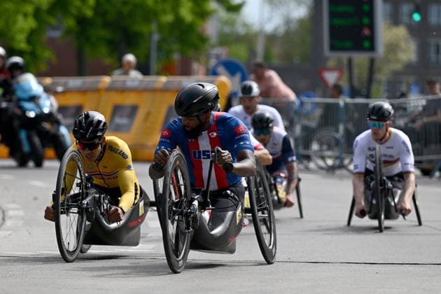 MH5 United States Alfredo De Los Santos pictured in action at the road races at the UCI Para-Cycling Road World Cup event, Saturday 03 May 2025, in Brugge. The UCI Para-Cycling Road World Cup takes place from 01 to 04 May in Oostende and Brugge. LUCxCLAESSEN  x122537574x