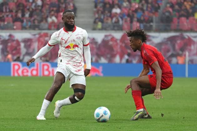1 Bundesliga RB Leipzig vs FC Bayern Munich, 03 05 25 Lutsharel Geertruida 3, RB Leipzig vs Kingsley Coman 11, Bayern Munich Football, 1 Bundesliga, Season 2024 2025, 32 Matchday RB Leipzig vs FC Bayern Munich on 03 05 25 at the Red Bull Arena, Leipzig DFL REGULATIONS PROHIBIT ANY USE OF PHOTOGRAPHS AS IMAGE SEQUENCES AND OR QUASI VIDEO Copyright: xBEAUTIFULxSPORTS JanxKaeferx