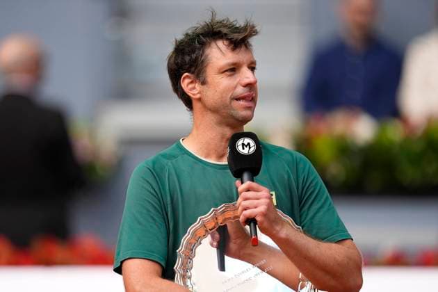 May 3, 2025, Madrid, Madrid, Spain: Horacio Zeballos of Argentina attends with the winner trophy won with Marcel Granollers of Spain after winning against Marcelo Arevalo of El Salvador and Mate Pavic of Croatia during the Men DoubleÃ¢â‚¬â ¢s Final of Mutua Madrid Open 2025 - ATP, Tennis Herren Masters 1000 celebrated at Caja Magica on May 03, 2025 in Madrid, Spain. Madrid Spain - ZUMAa181 20250503_zaa_a181_104 Copyright: xOscarxJ.xBarrosox
